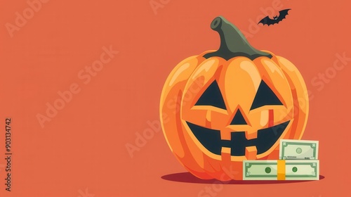 A whimsical Halloween pumpkin with a playful face, surrounded by dollar bills, perfect for festive and creative projects. photo