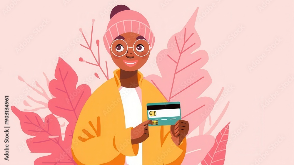 Girl holding credit card, wrapped up expenses, flat design illustration