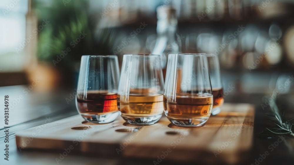 Four glasses of whiskey, each with different shades, are arranged on a wooden board in a warmly lit bar, capturing the essence of a whiskey tasting experience. Four glasses of whiskey, each with different shades, are arranged on a wooden board in a warmly lit bar, capturing the essence of a whiskey tasting experience.