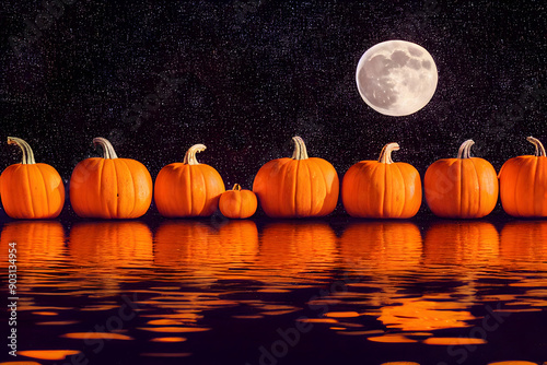 halloween background - row of pupmkins reflecting in the water with full Moon on night sky, neural network generated art. Digitally generated image. Not based on any actual scene or pattern. photo