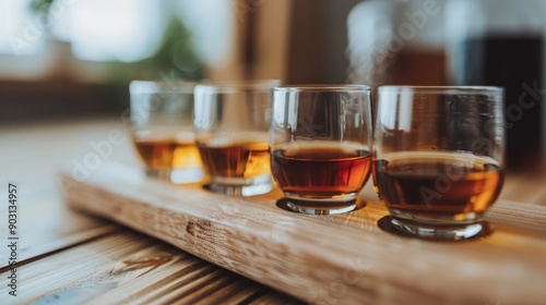 Four glasses of whiskey placed on a rustic wooden tray, showcasing a variety of whiskeys and a cozy, intimate setting perfect for savoring fine spirits.