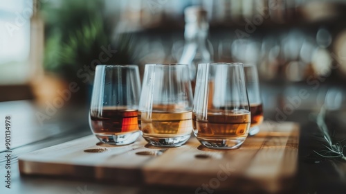 Four glasses of whiskey, each with different shades, are arranged on a wooden board in a warmly lit bar, capturing the essence of a whiskey tasting experience.