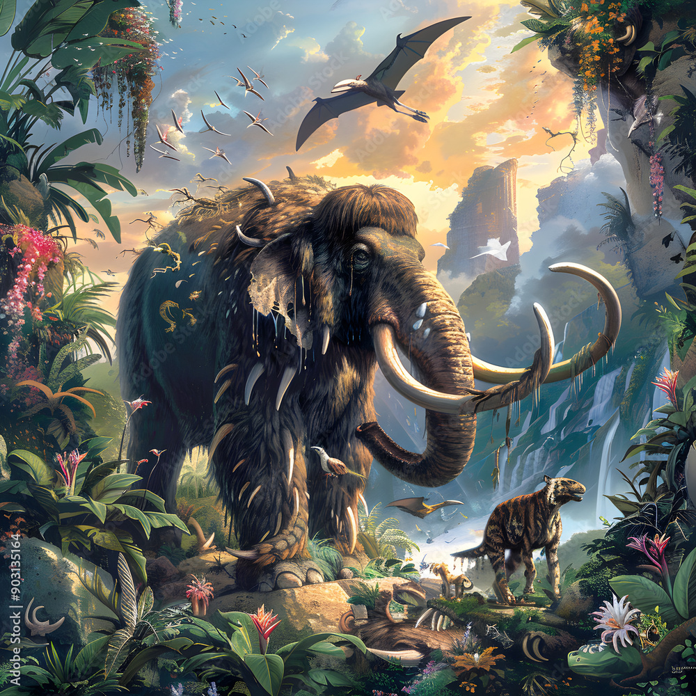 Illustration Of Extinct Animals Woolly Mammoth Dodo Bird Saber 