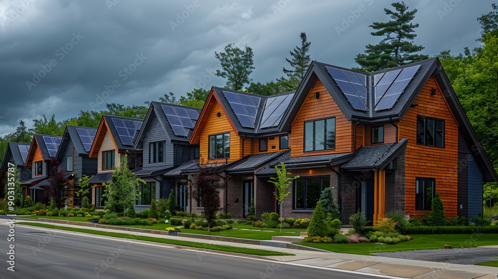 Naklejka premium A row of Modern houses with solar panels on the roof. Alternative and Renewable energy concept. generative ai
