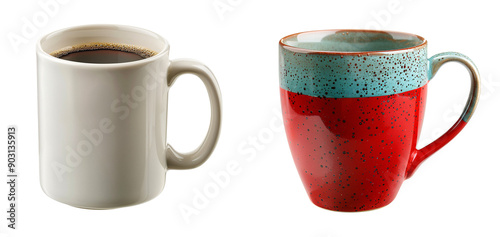 Set of Two Stylish Coffee Mugs: Classic White and Vibrant Red with Blue Speckles Cut out on a White isolated background. photo