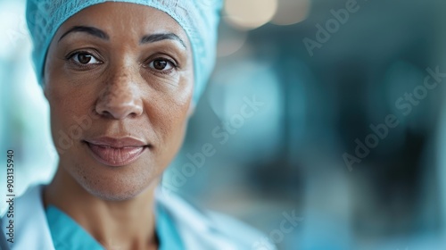 A confident female surgeon, mid-procedure, focuses intently, exemplifying skill and dedication within a well-equipped modern surgery room, demonstrating professional medical care. photo