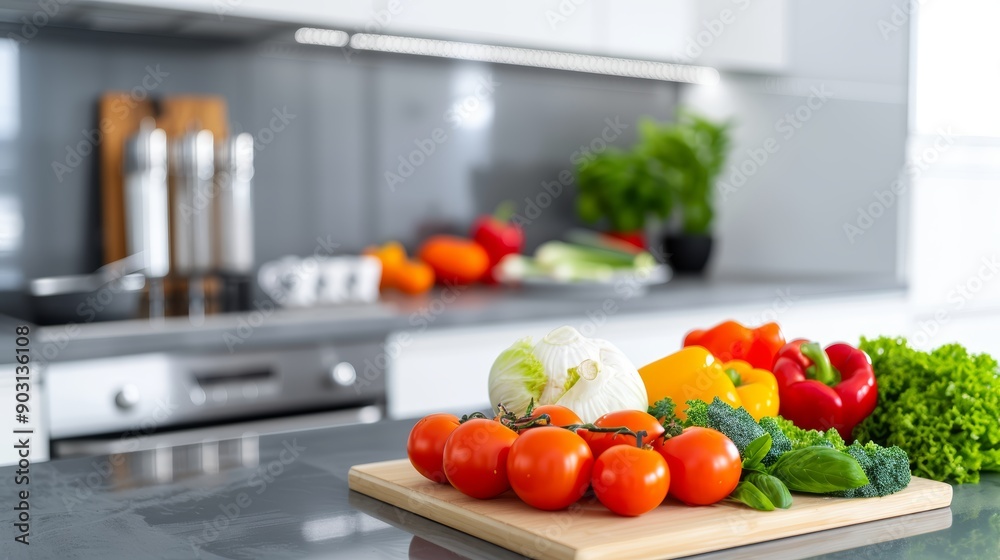 A modern kitchen with stainless steel appliances, a bowl of fresh fruit, and a cutting board with vegetables, with copy space, high-resolution photo, realistic photo A modern kitchen with stainless steel appliances, a bowl of fresh fruit, and a cutting board with vegetables, with copy space, high-resolution photo, realistic photo