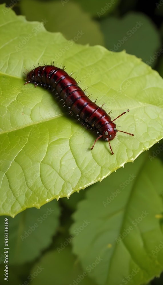 Brown Caterpillar Crawling on Green Leaf: Butterfly Larva Eating Brown Caterpillar Crawling on Green Leaf: Butterfly Larva Eating