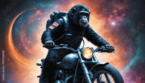 A primates cosmic odyssey: a chimpanzee zooms through the nebula on a vintage motorcycle photo