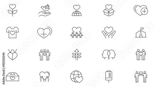 Charity line icon set. Almsgiving, donation, contribution, humanism, dole, welfare, caring for the elderly, helping homeless animals Outline icon collection UI thin icons pack.