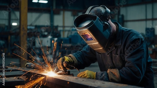 Automated metal joining process with technician’s detailed view of welding parameters and high tech equipment in use