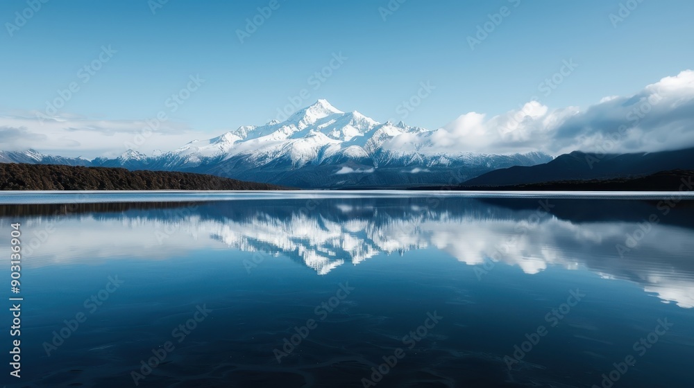 This breathtaking image captures snow-capped mountains reflected perfectly on a calm lake, blending the natural beauty of the landscape with a sense of serenity and tranquility.