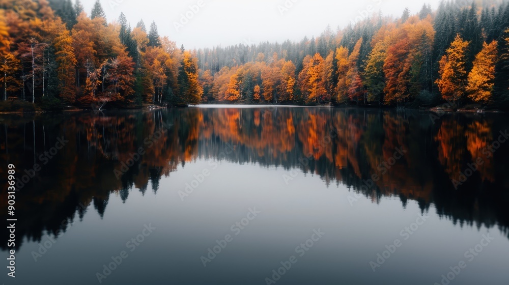 Obraz premium A picturesque autumn forest with vibrant orange and red foliage reflecting perfectly on a calm, glassy lake surface, illustrating the beauty of fall.