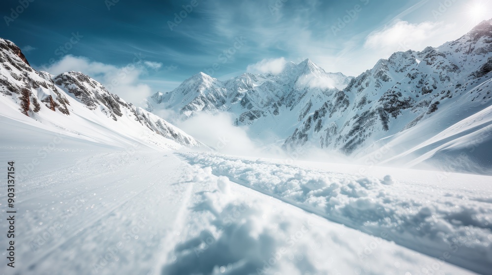 Obraz premium This image showcases snow-covered mountain peaks under a clear blue sky, creating a breathtaking winter landscape perfect for nature and outdoor enthusiasts.