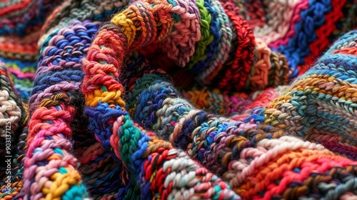 Close-up of a knitted blanket with abstract, colorful patterns made by a family member