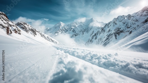 This image showcases snow-covered mountain peaks under a clear blue sky, creating a breathtaking winter landscape perfect for nature and outdoor enthusiasts.