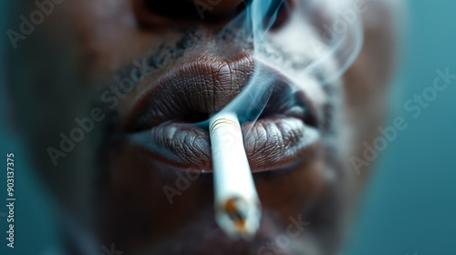 Closeup of a person smoking a cigarette with a stressed expression, symbolizing nicotine addiction 