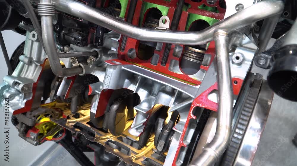 Close up 4k footage  of a  detail of an educational sample of a  four-stroke internal combustion engine in section