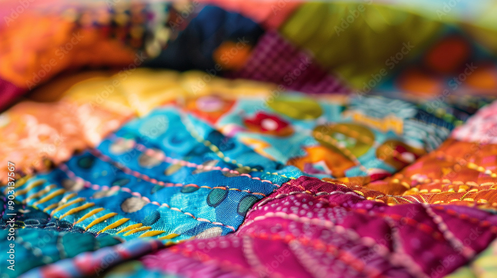 Close-up of a family quilt with abstract, colorful patchwork and stitching Close-up of a family quilt with abstract, colorful patchwork and stitching