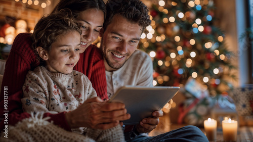 A joyful family, including parents and a child, gathered around a tablet at Christmas, with a beautifully decorated Christmas tree and holiday lights in the background.