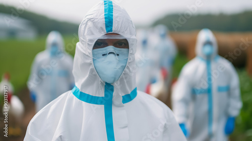 Emergency response team in protective suits entering a bird flu contaminated area, focus on the team, farm setting 