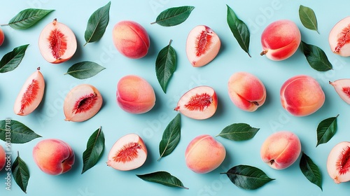  A collection of sliced peaches with accompanying green foliage set against a blue backdrop, featuring select cuts removed from some of the fruit