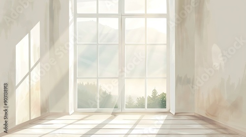   An open window in an empty room reveals a forest outside, bathed in sunlight streaming through it