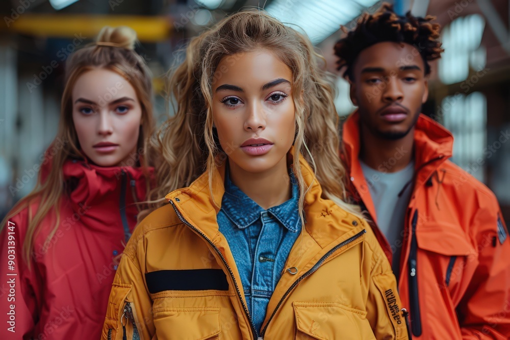 A diverse group of friends confidently posing in stylish streetwear clothing, set in an industrial backdrop, highlighting a casual yet trendy urban youth lifestyle. A diverse group of friends confidently posing in stylish streetwear clothing, set in an industrial backdrop, highlighting a casual yet trendy urban youth lifestyle.