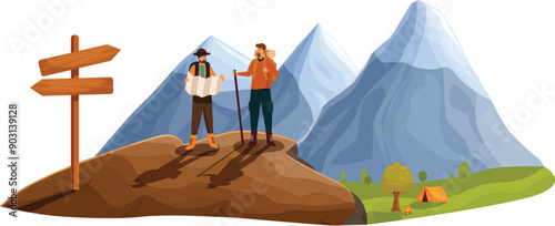 Two hikers are looking at a map, trying to decide which path to take