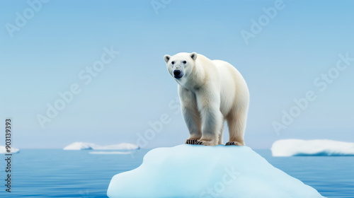 Polar bear standing on a small, melting iceberg, looking lost, vast expanse of the Arctic Ocean in the background  © fotogurmespb