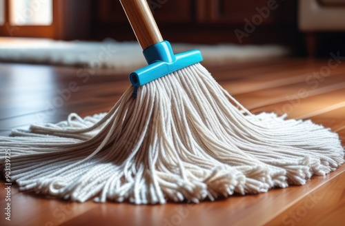 Plastic spin mop with handle stick and round brush for floor cleaning. Domestic manual supply for housework. Cleaning concept.