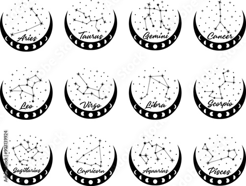 Semicircular Icons of Zodiac Constellations and Celestial Bodies Set Inspired by Astrology and Mythology.