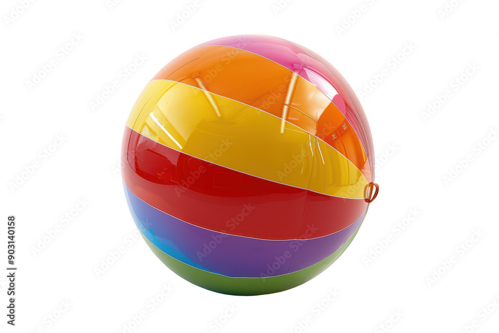 Colorful Inflatable Beach Ball with Striped Rainbow Design on White Background Colorful Inflatable Beach Ball with Striped Rainbow Design on White Background