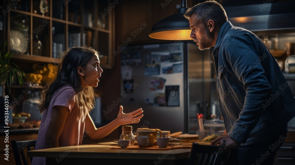 Father and daughter are arguing in the room. Domestic violence. Child rearing crisis. Teenage crisis Father and daughter are arguing in the room. Domestic violence. Child rearing crisis. Teenage crisis