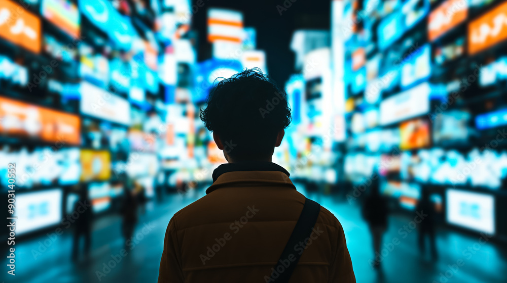 Wide shot of a person walking through a city street full of advertisements using facial recognition technology Wide shot of a person walking through a city street full of advertisements using facial recognition technology