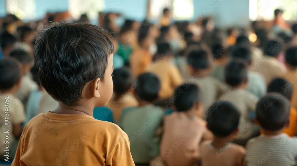 Wide shot of an overcrowded classroom with children sitting on the floor, lack of resources evident Wide shot of an overcrowded classroom with children sitting on the floor, lack of resources evident