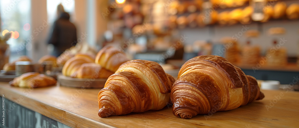 A Cozy Artisan Bakery Interior: A cozy artisan bakery interior with a focus on freshly baked croissants on a wooden counter, blurred background of customers and decor. A Cozy Artisan Bakery Interior: A cozy artisan bakery interior with a focus on freshly baked croissants on a wooden counter, blurred background of customers and decor.