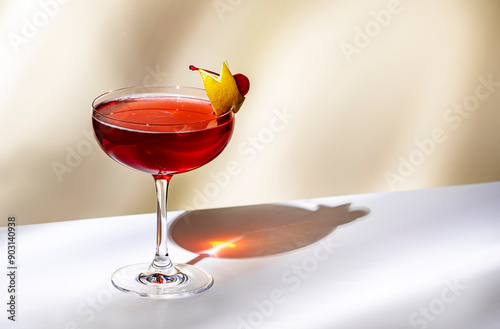 Bild auf Leinwand Red cocktail drink with whiskey, grenadine, bitter, lemon and ice with lemon zest and cherry