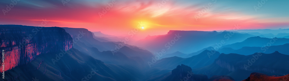 Obraz premium A sprawling mountain range with a vibrant sunrise, highlighting the peaks and valleys with misty clouds rolling through the landscape.