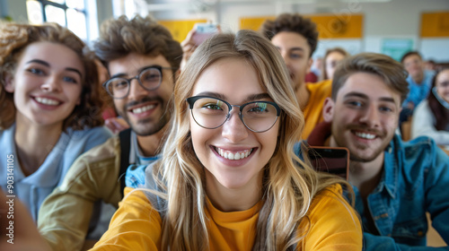 Cheerful students taking selfie with cell phone in classroom.