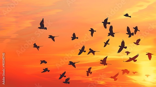 Bird silhouette background, various bird shapes flying against a sunset sky