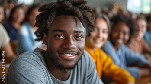 Cheerful students taking selfie with cell phone in classroom.