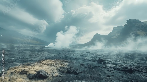 dramatic volcanic landscape with steaming vents and rugged terrain, otherworldly 