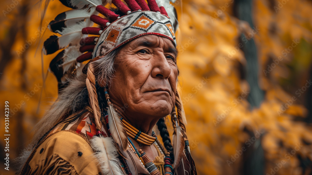 Portrait of a dignified Apache chief with the backdrop of historical Columbus Day events, capturing a moment of reflection and respect Portrait of a dignified Apache chief with the backdrop of historical Columbus Day events, capturing a moment of reflection and respect