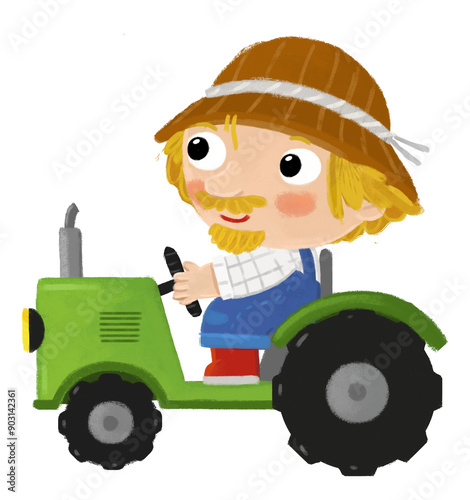 cartoon scene with farmer man working on tractor doing some activity isolated background illustation for children