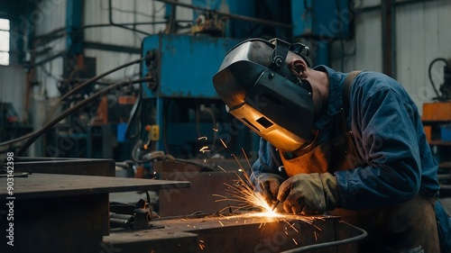 Masked technician expertly operating welding robot with close up of arc torch and automated equipment in high tech setting