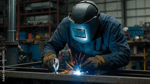 Close up of welding parameters adjustment on control panel with technician operating automated system and protective gear