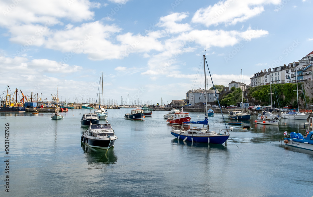 Fototapeta premium A view across the harbour in the seaside town of Brixham in the English Riviera