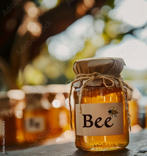 Close-up of a jar of honey with a rustic label in a natural light setting, highlighting organic product presentation and artisanal craftsmanship. Concept of natural food, craftsmanship, and purity.
 photo