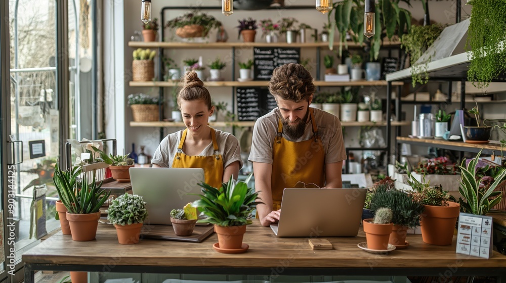 Two people working on laptops in a plant shop, surrounded by a variety of potted plants and gardening supplies. Two people working on laptops in a plant shop, surrounded by a variety of potted plants and gardening supplies.